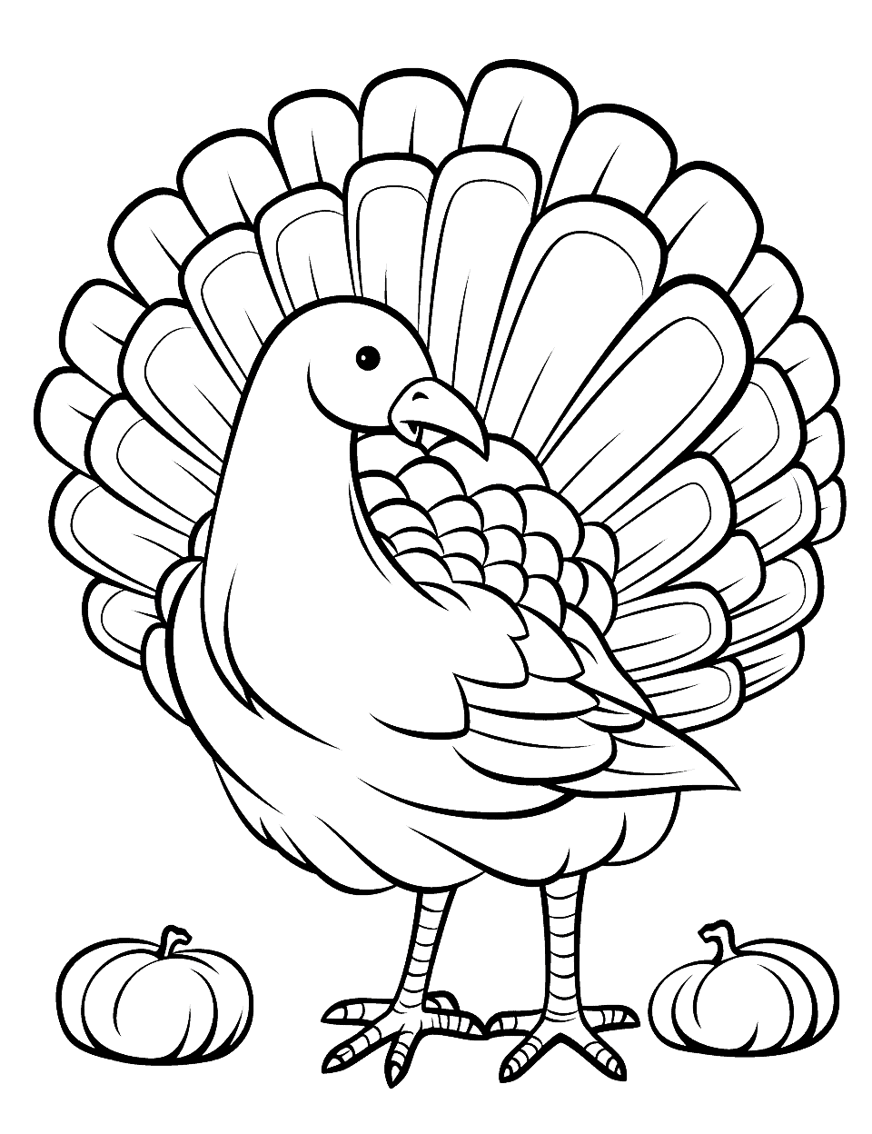 Rainbow Colored Turkey Coloring Page - An image of a turkey with feathers waiting to be filled in with various colors of the rainbow.