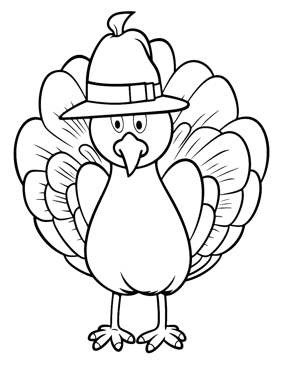 Preschool Thanksgiving Turkey Coloring Page - A friendly turkey wearing a pilgrim hat, perfect for a preschool Thanksgiving project.