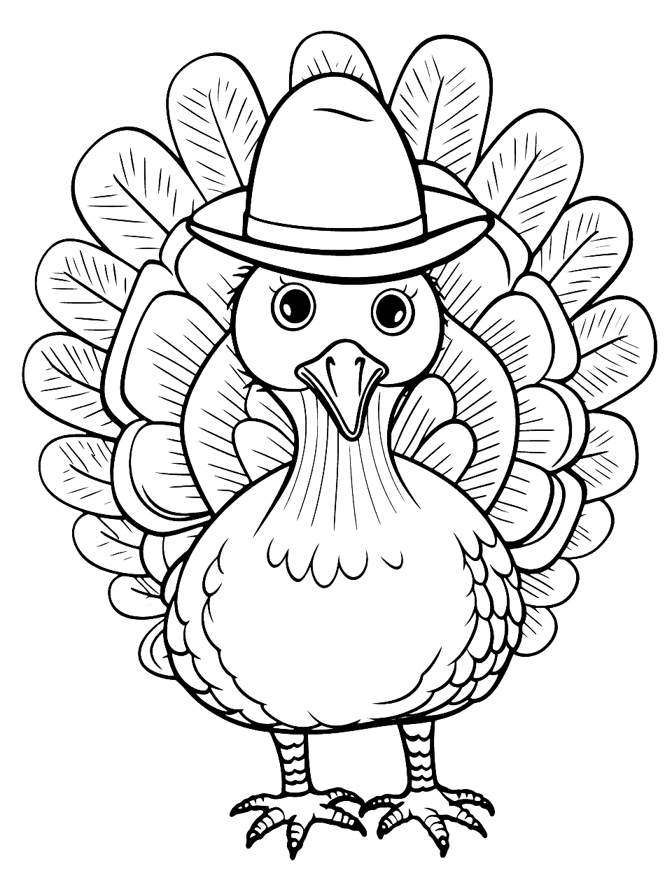 Turkey With a Hat Coloring Page - A turkey in creative disguise, wearing a hat, waiting to be colored in.