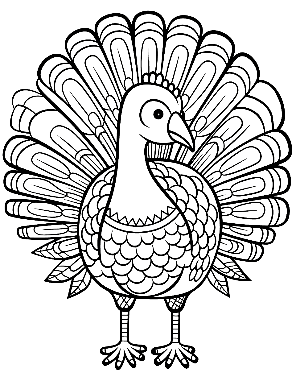 Mandala Inspired Turkey for Kindergarten Coloring Page - A simple mandala pattern within a turkey outline for advanced kids to color.
