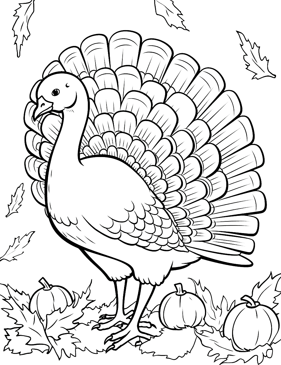 Wild Turkey in November Coloring Page - A detailed coloring page featuring a wild turkey in a fall scene, set in November.