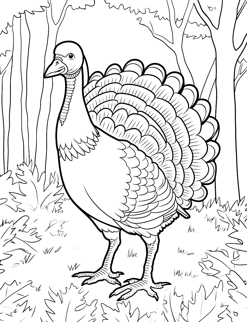 Wild Turkey in the Forest Coloring Page - A realistic scene of a wild turkey in a lush forest is great for more detailed coloring sessions.