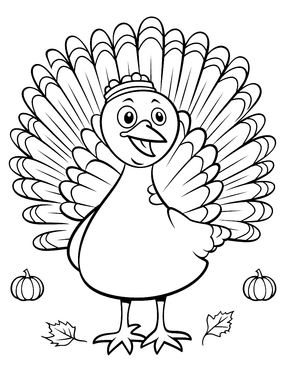 Happy Turkey Dance Coloring Page - A turkey with a big smile, dancing in joy, with detailed feathers to color in.