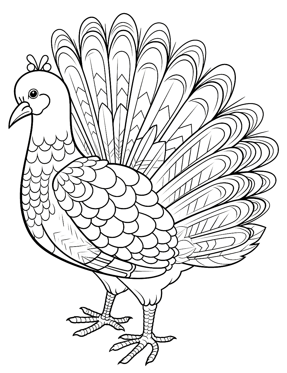 Detailed Feather Turkey Coloring Page - A large turkey with detailed feathers for children who enjoy taking their time coloring.