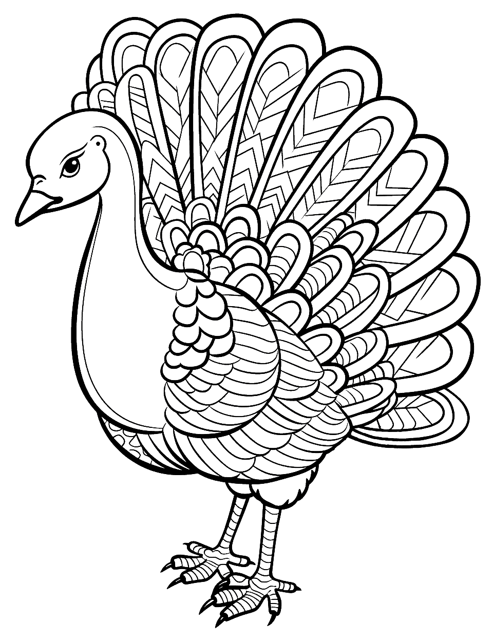 Zentangle Inspired Turkey Coloring Page - A turkey filled with complex zentangle patterns, ideal for older kids.