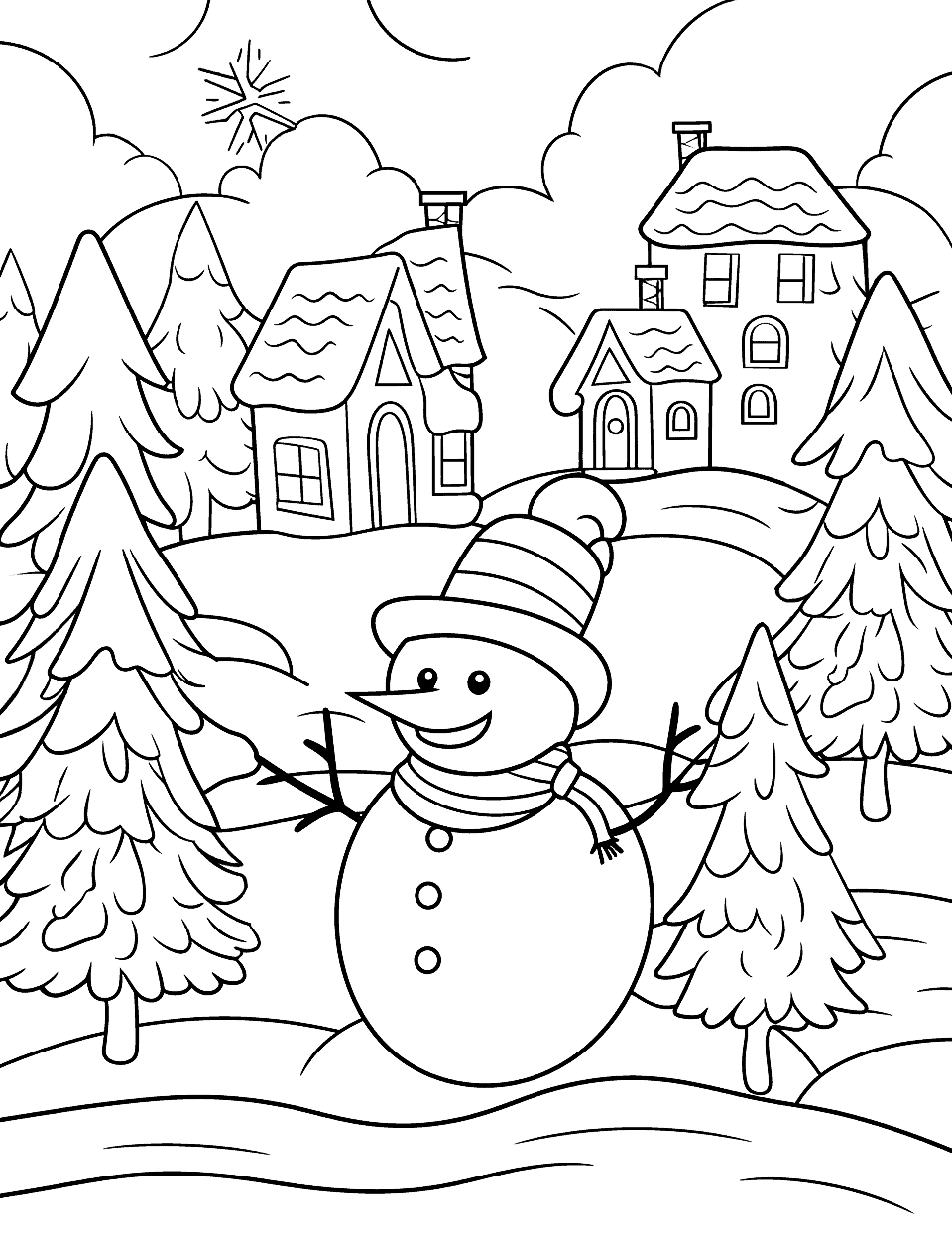 Winter Wonderland Scene Coloring Page - A magical winter wonderland with snow-covered houses and trees.