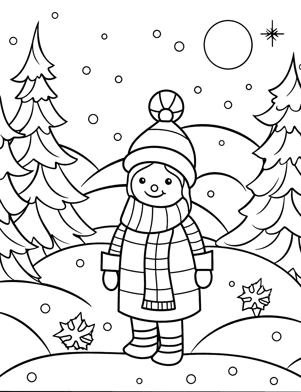 Winter Themed Art Coloring Page - A winter-themed scene to color featuring a warmly dressed girl standing in the snow.