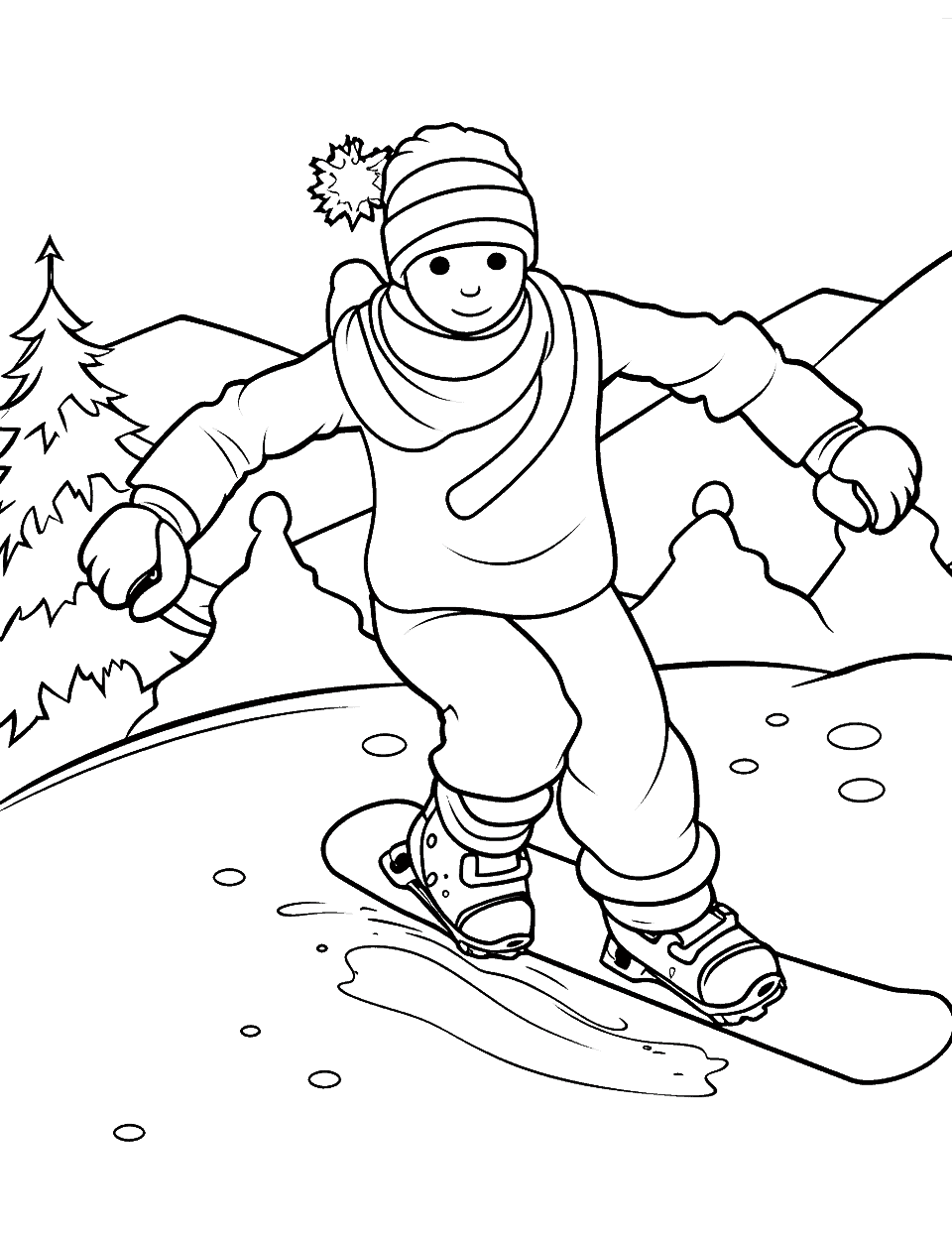 Cool Snowboarding Winter Coloring Page - An action-packed scene of a cool snowboarder hitting the slopes.