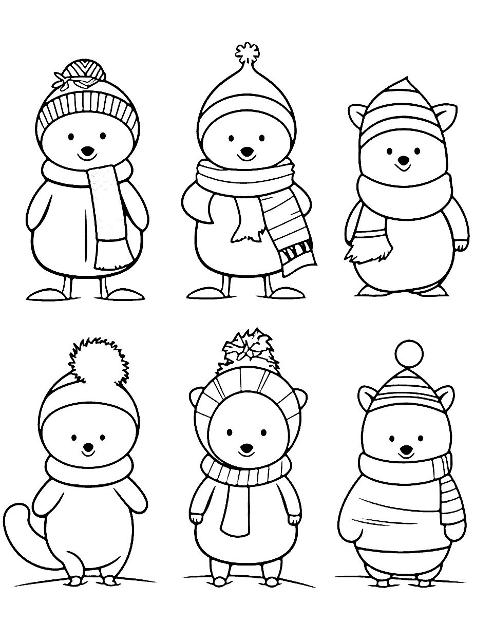 Pre K Winter Animals Coloring Page - Basic outlines of animals in winter gear, perfect for Pre-K kids.
