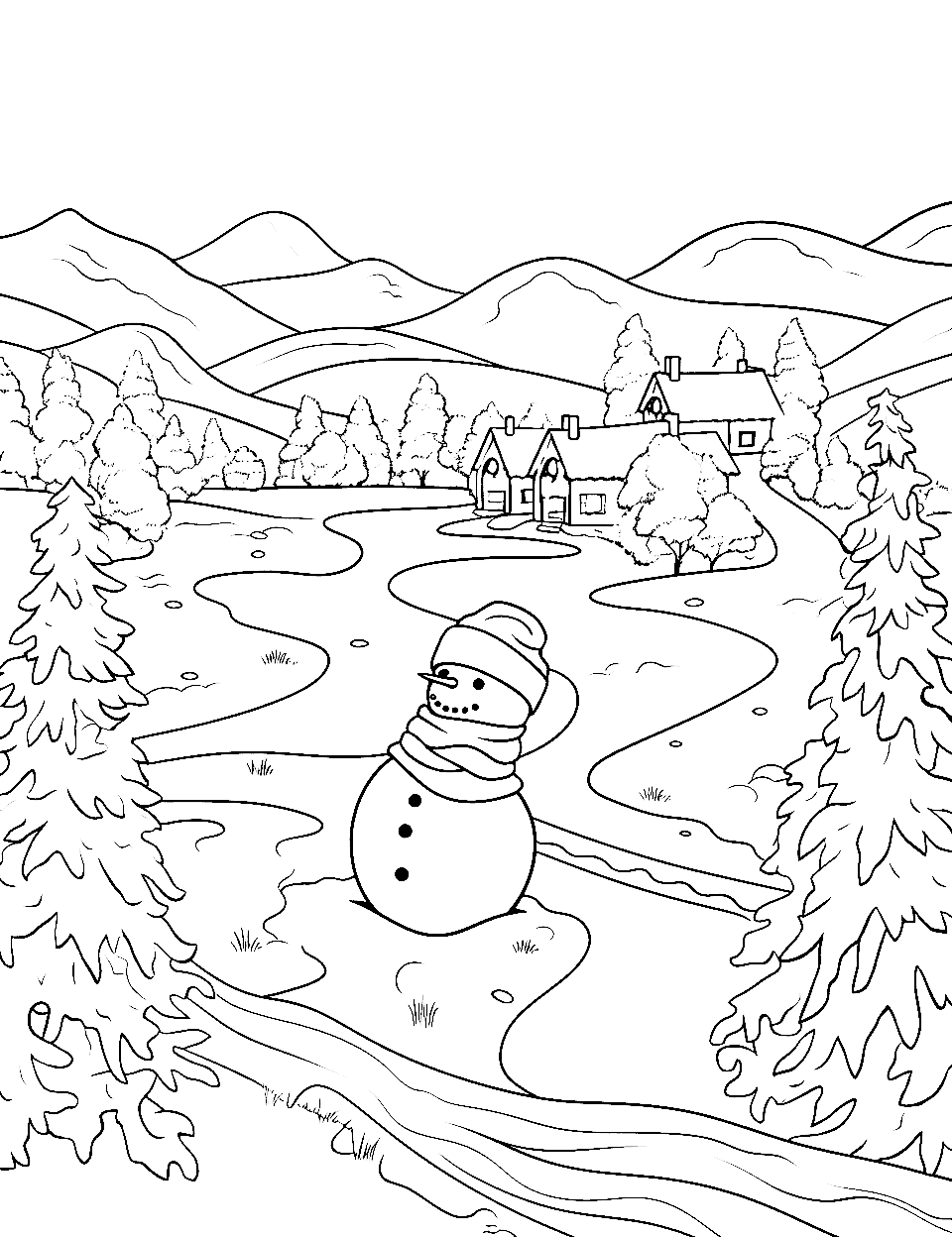 Large Snowy Landscape Winter Coloring Page - A large, detailed image of a snowy landscape filled with trees, houses, and mountains.