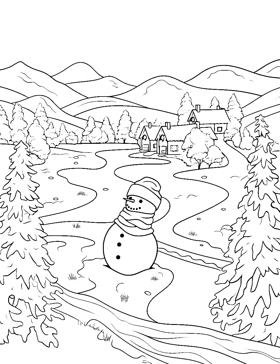 Large Snowy Landscape Coloring Page - A large, detailed image of a snowy landscape filled with trees, houses, and mountains.