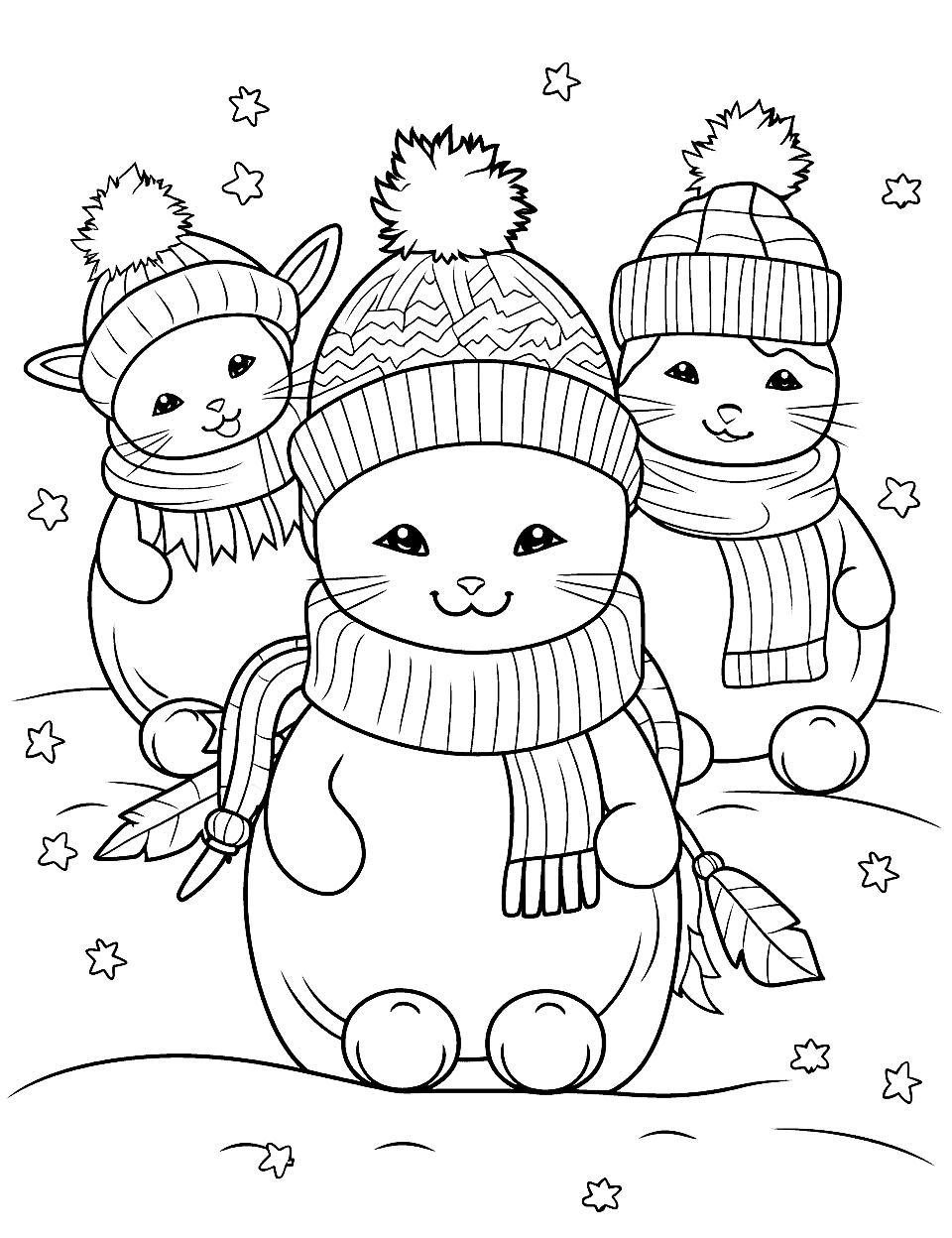 Cats in Winter Wonderland Coloring Page - Several cute cats in cozy sweaters playing in the snow.