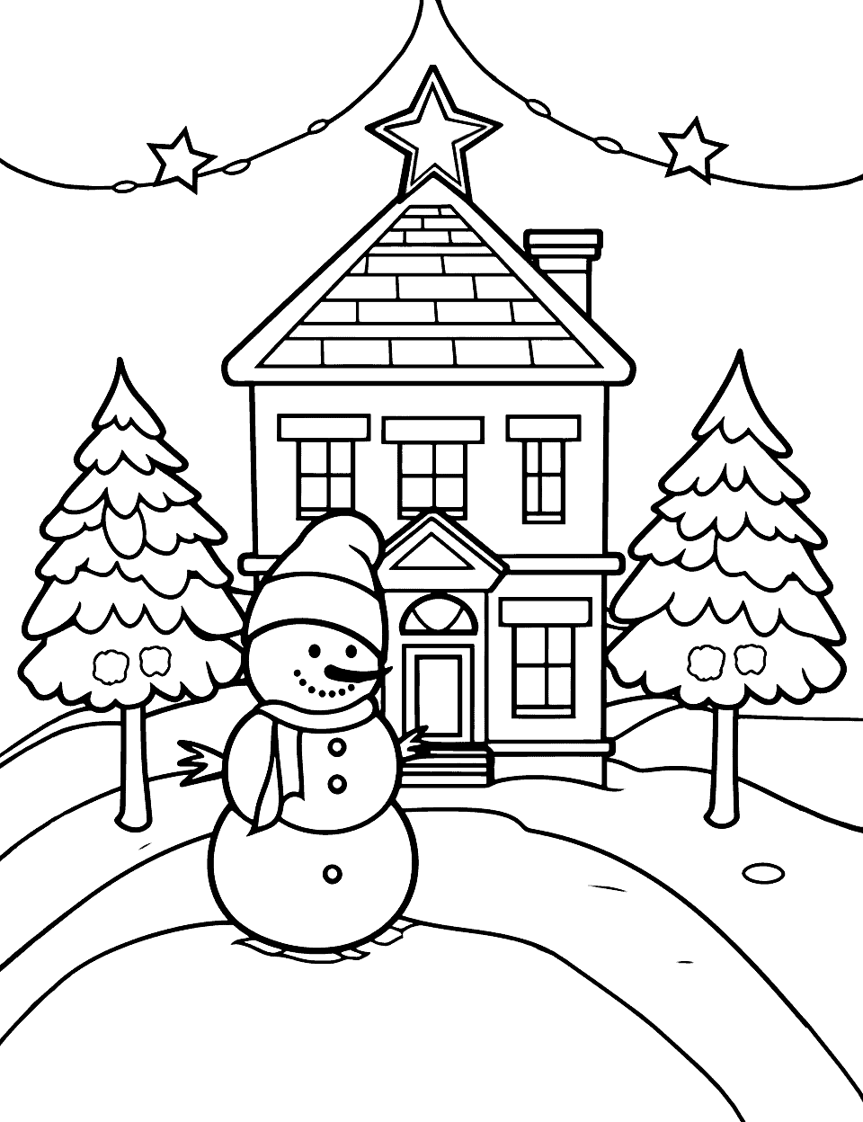 Holiday Lights Winter Coloring Page - A holiday scene of a house decorated with Christmas lights and a large Christmas tree.