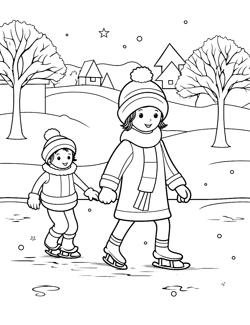 Simple Ice Skating Scene Winter Coloring Page - A basic image of kids ice skating on a frozen pond.