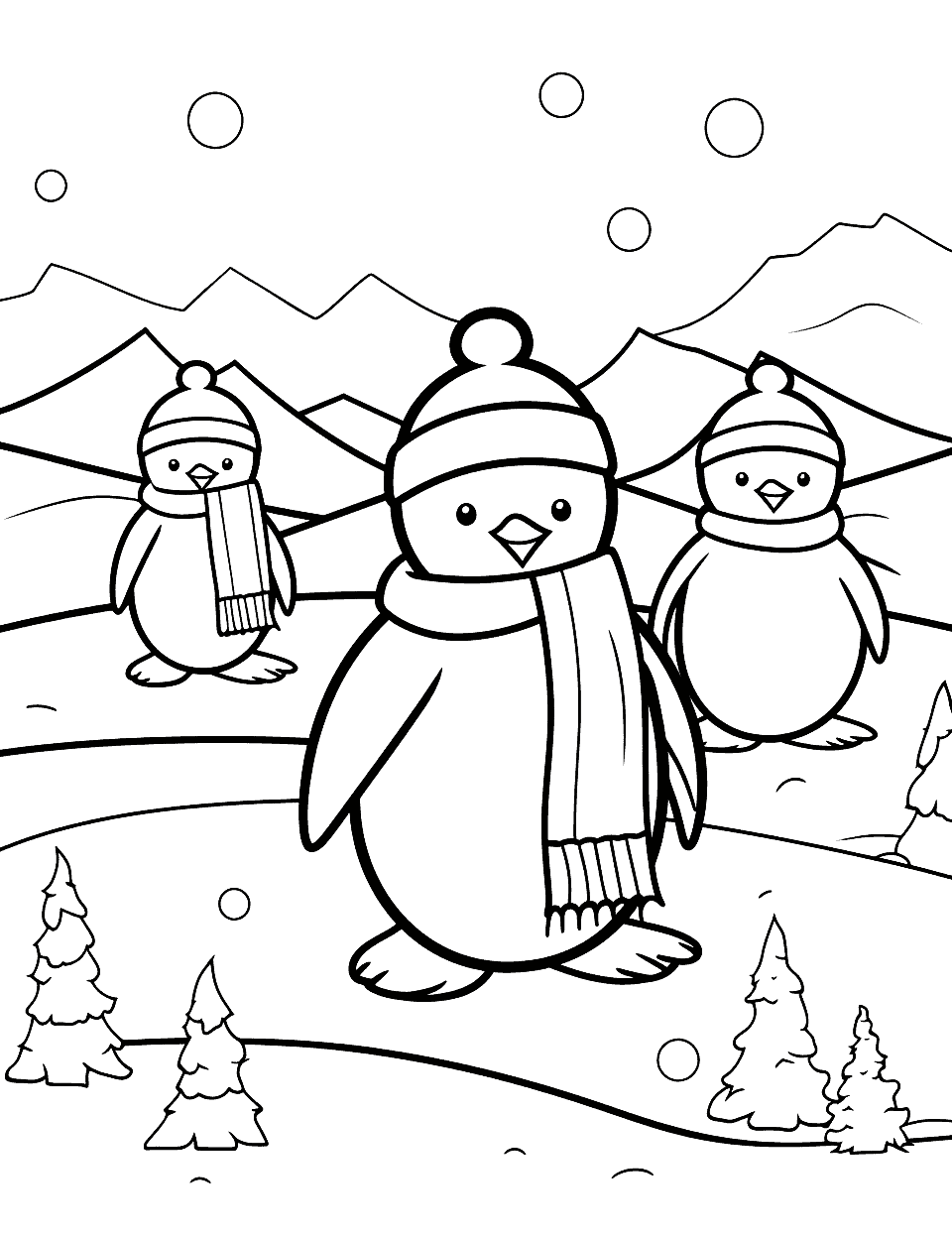 Cute Penguin Parade Winter Coloring Page - Adorable penguins waddling through a snowy landscape. Great for honing fine motor skills in kindergarten.