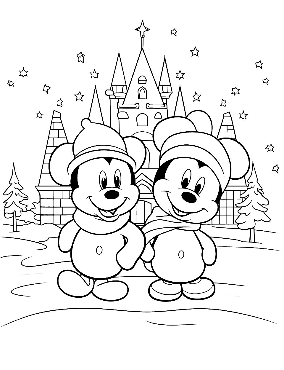 Mickey's Ice Palace Winter Coloring Page - Mickey and Minnie in front of an ice palace, creating a festive ambiance.