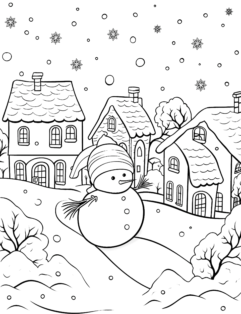 Winter Night Scene Coloring Page - A calming night scene with snow falling on houses.