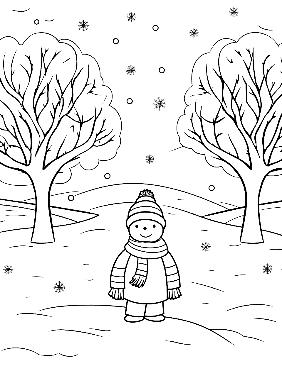 Simple Snowy Day Coloring Page - An image with two snow-covered trees and a snowman.