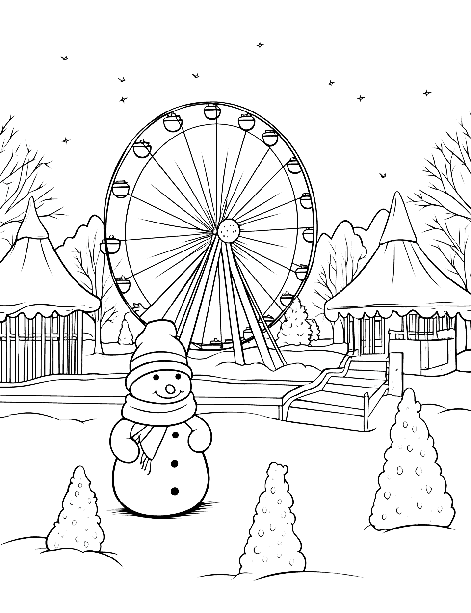 Fun Winter Fair Coloring Page - A lively winter fair with games, food stalls, and a Ferris wheel.