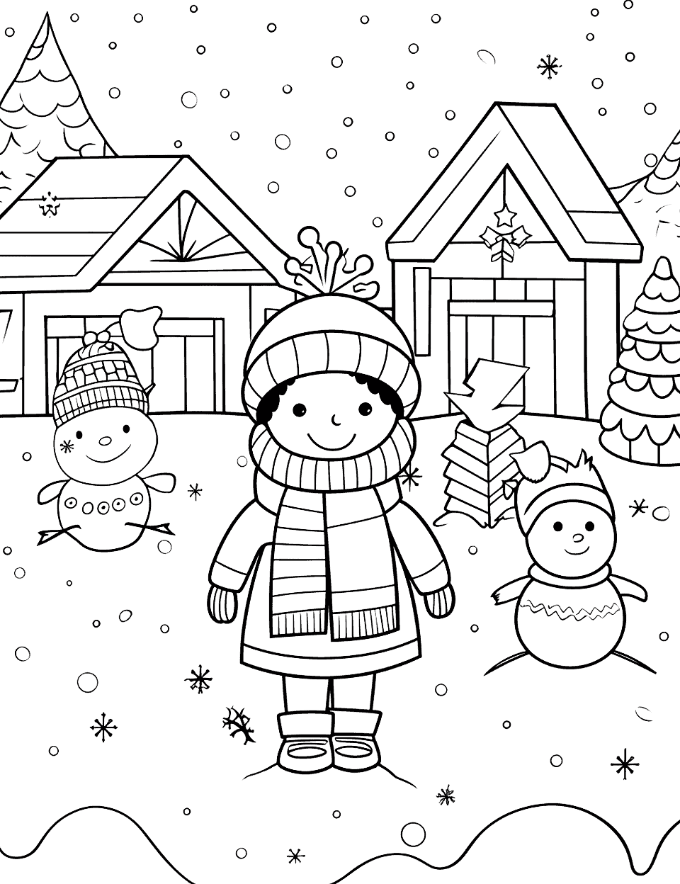 First Grade Winter Festival Coloring Page - First-grade students enjoying a winter festival at school.