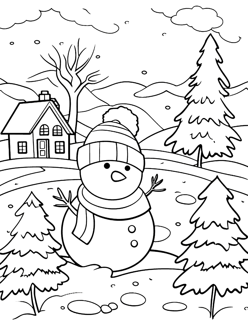 Adorable Winter Scene Coloring Page - A snowy landscape simplified for kids to fill in with color.