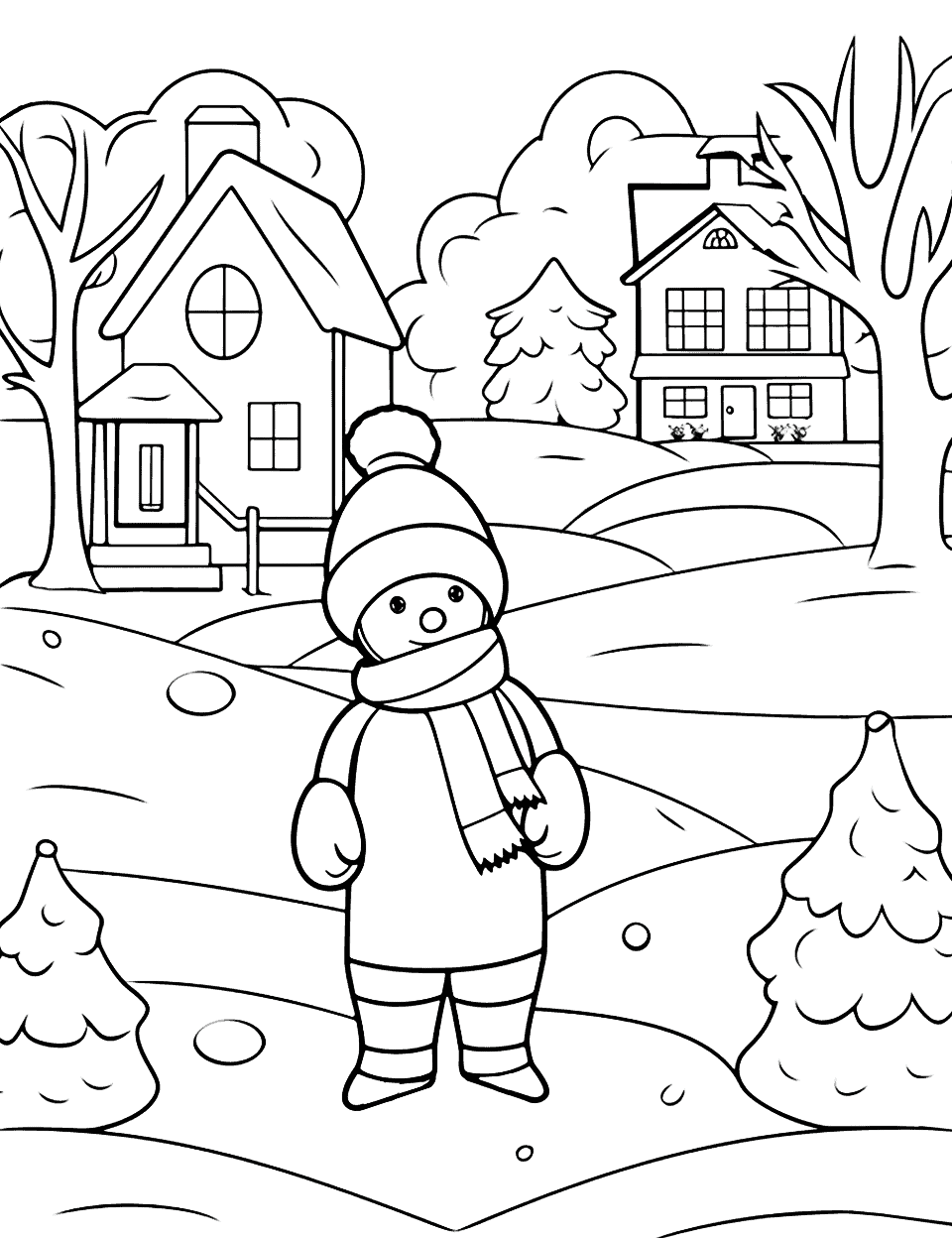 Pre K Snowy Day Winter Coloring Page - A simple scene of a snowy day, with big, easy-to-color sections.
