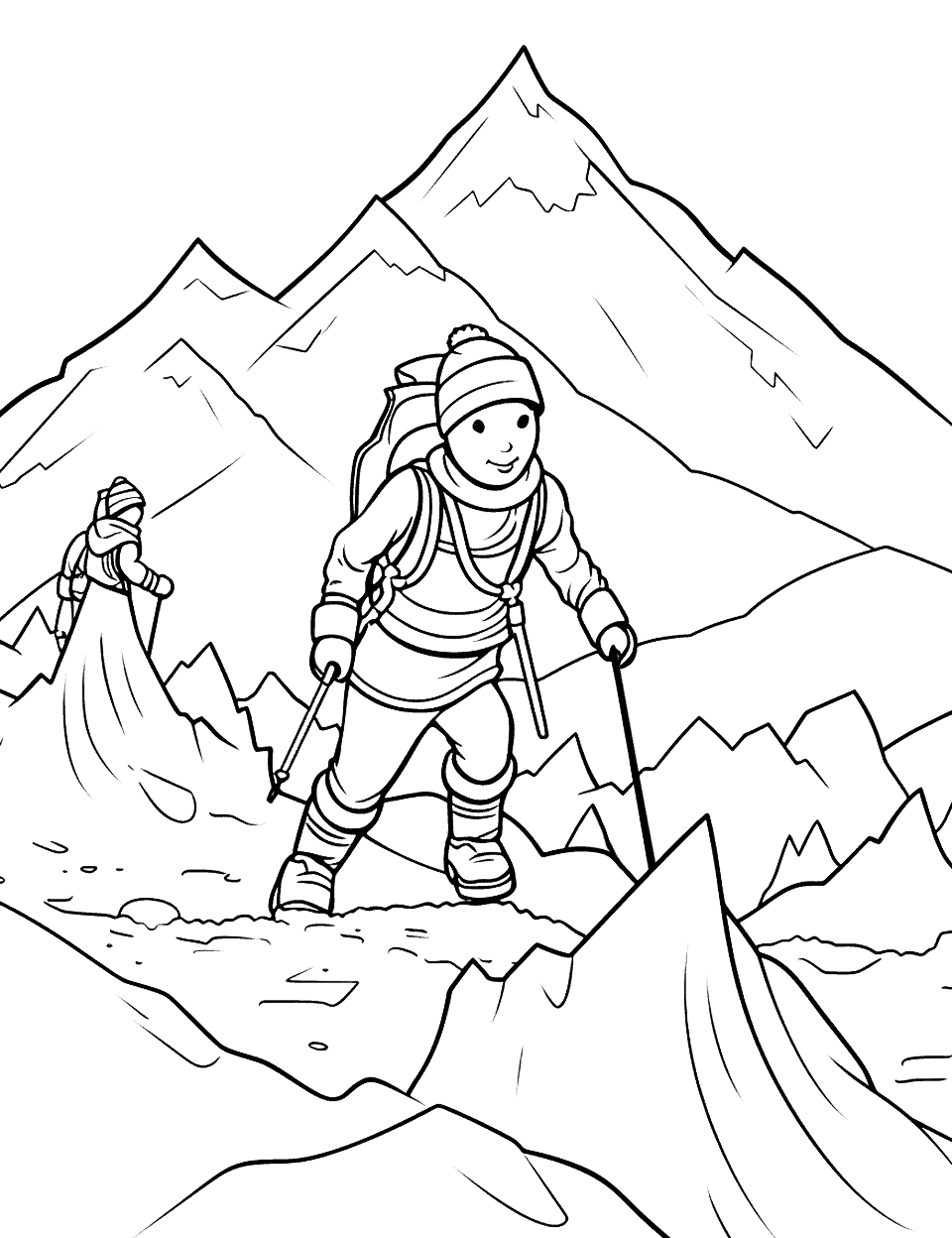 Snowy Mountain Climbing Winter Coloring Page - An adventurous scene of climbers scaling a snowy mountain.