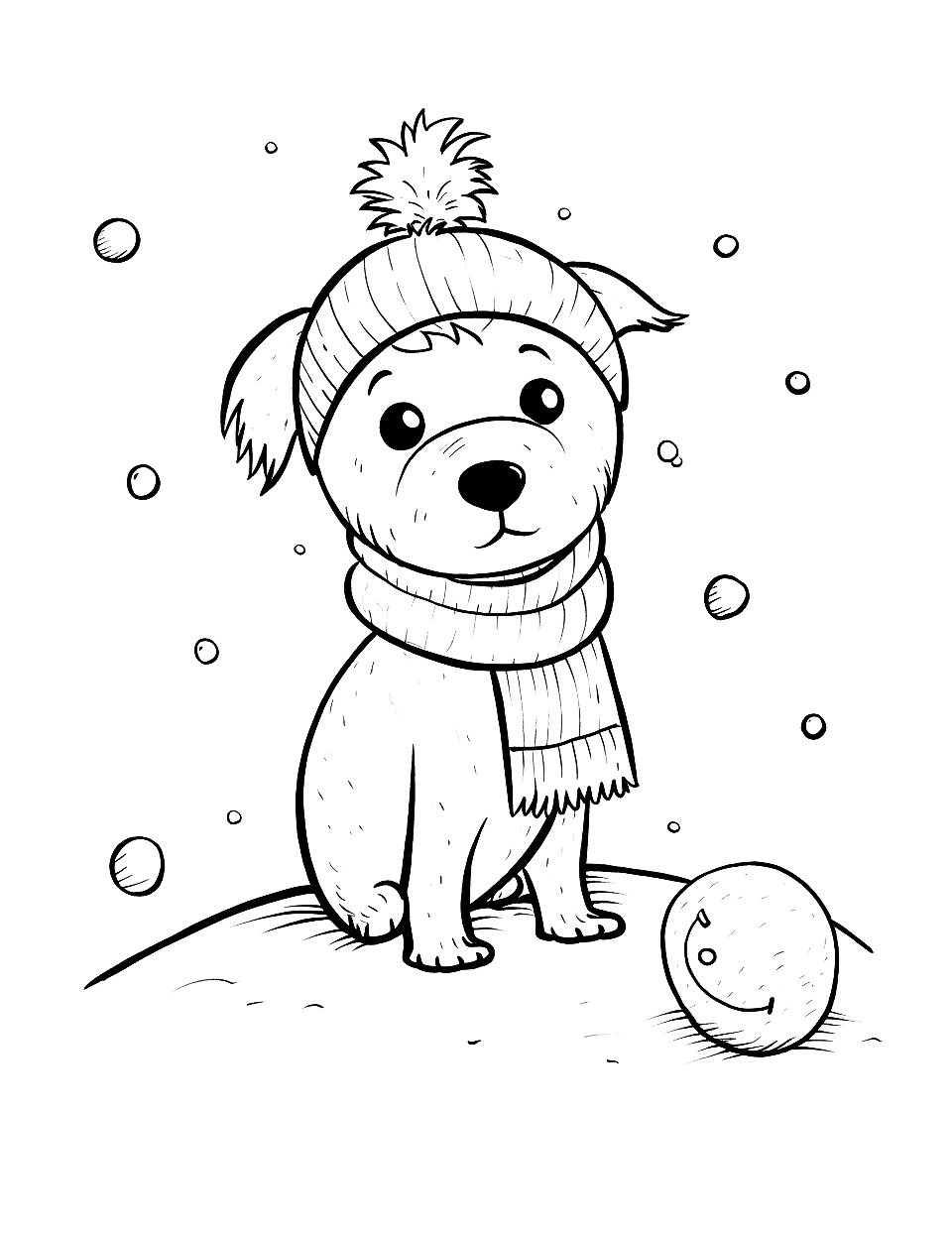 Cute Winter Dog Coloring Page - A lovable dog playing with a snowball.