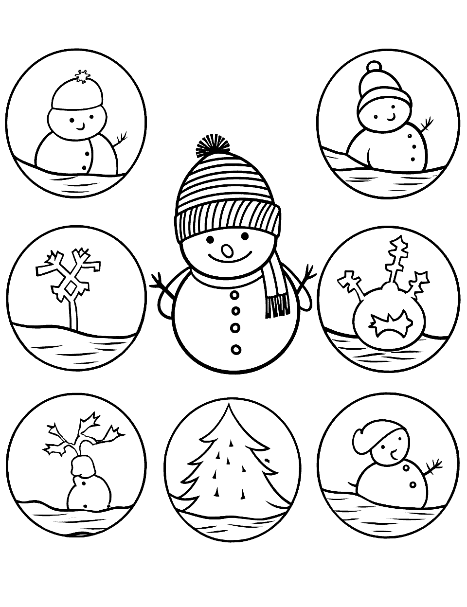 Kindergarten Winter Crafts Coloring Page - Images of typical kindergarten winter crafts, like paper plate snowmen.