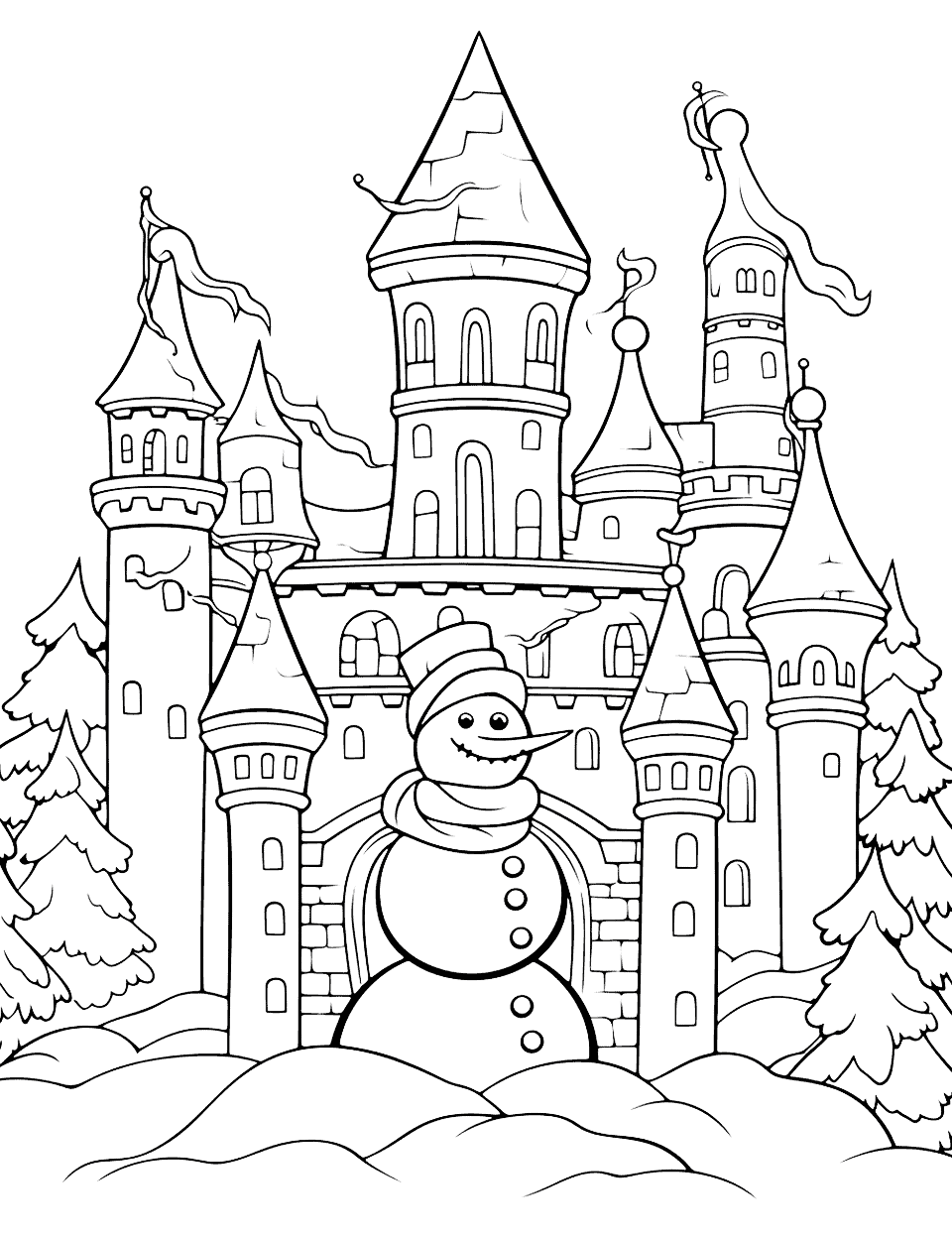 Intricate Winter Castle Coloring Page - An elaborate winter castle for older kids to color in.