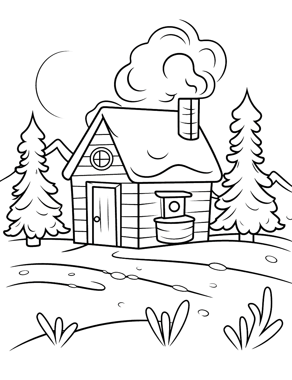 Cozy Winter Cabin Coloring Page - A quaint, snow-covered cabin with smoke coming out of the chimney.