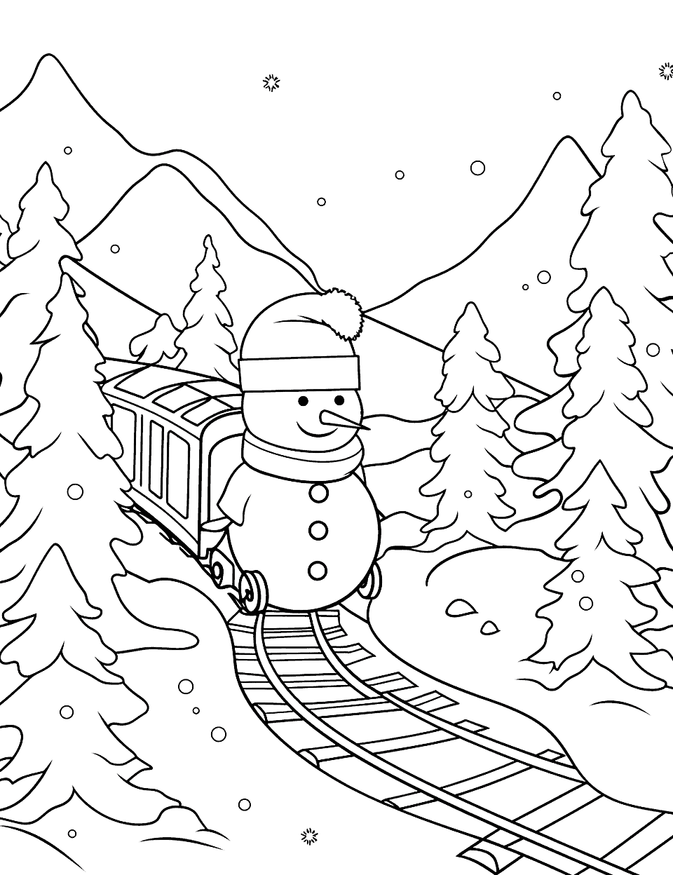 Holiday Train Ride Winter Coloring Page - A scenic train ride through snowy mountains, with holiday decorations in the train.