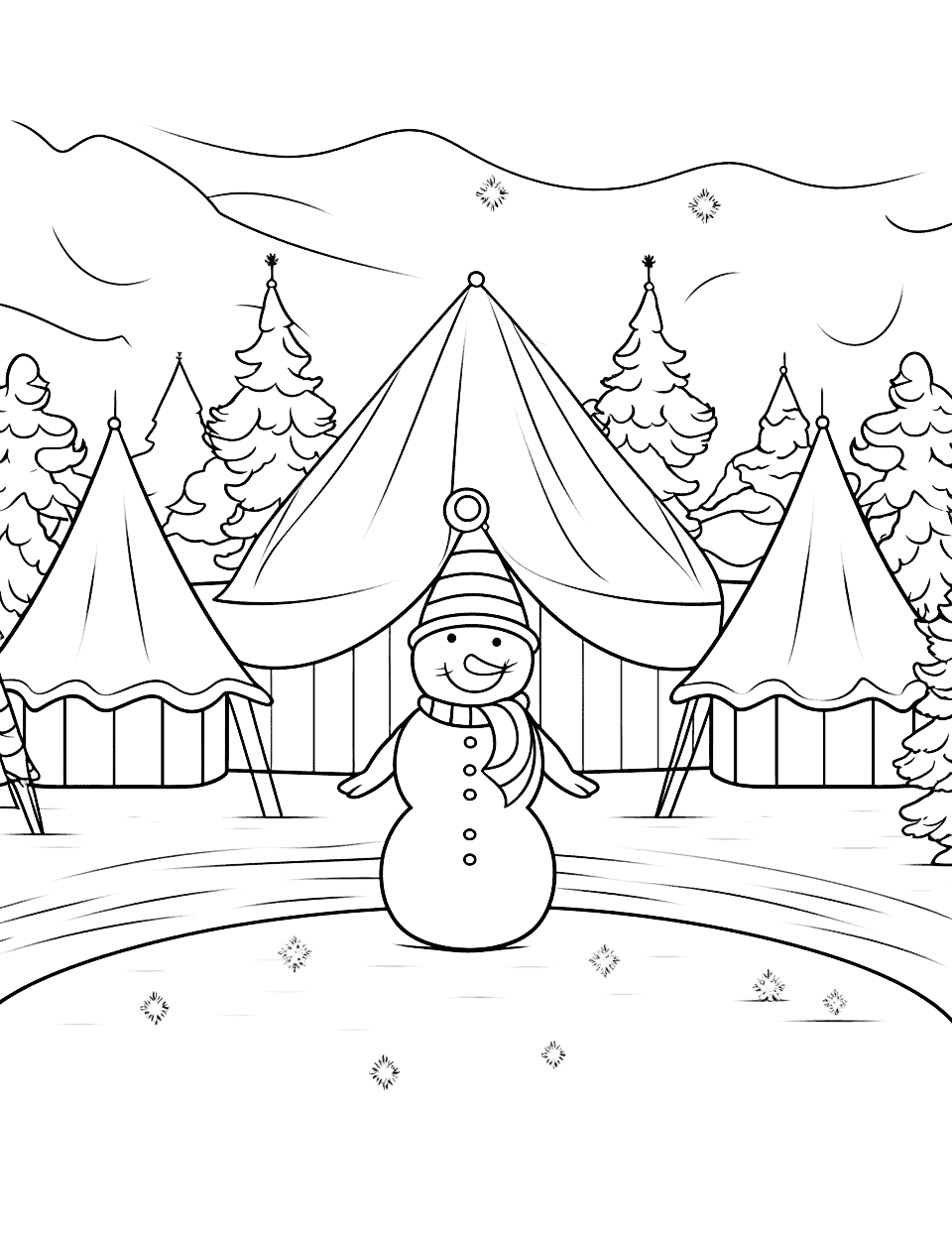 Winter Themed Circus Coloring Page - A circus scene set against a snowy backdrop.