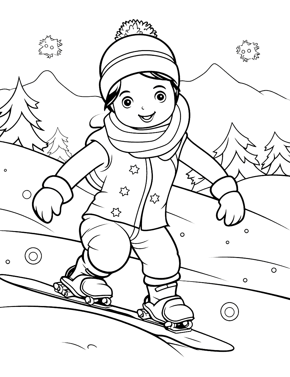 Cool Winter Skateboarding Coloring Page - A snowboarder performing cool tricks in the snow.