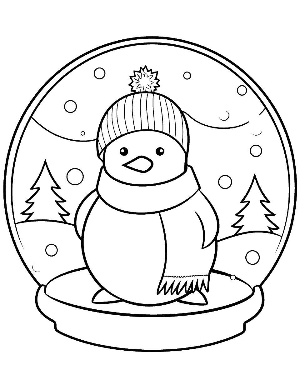 Pre K Snow Globe Winter Coloring Page - A simple snow globe with a penguin inside, ideal for Pre-K.