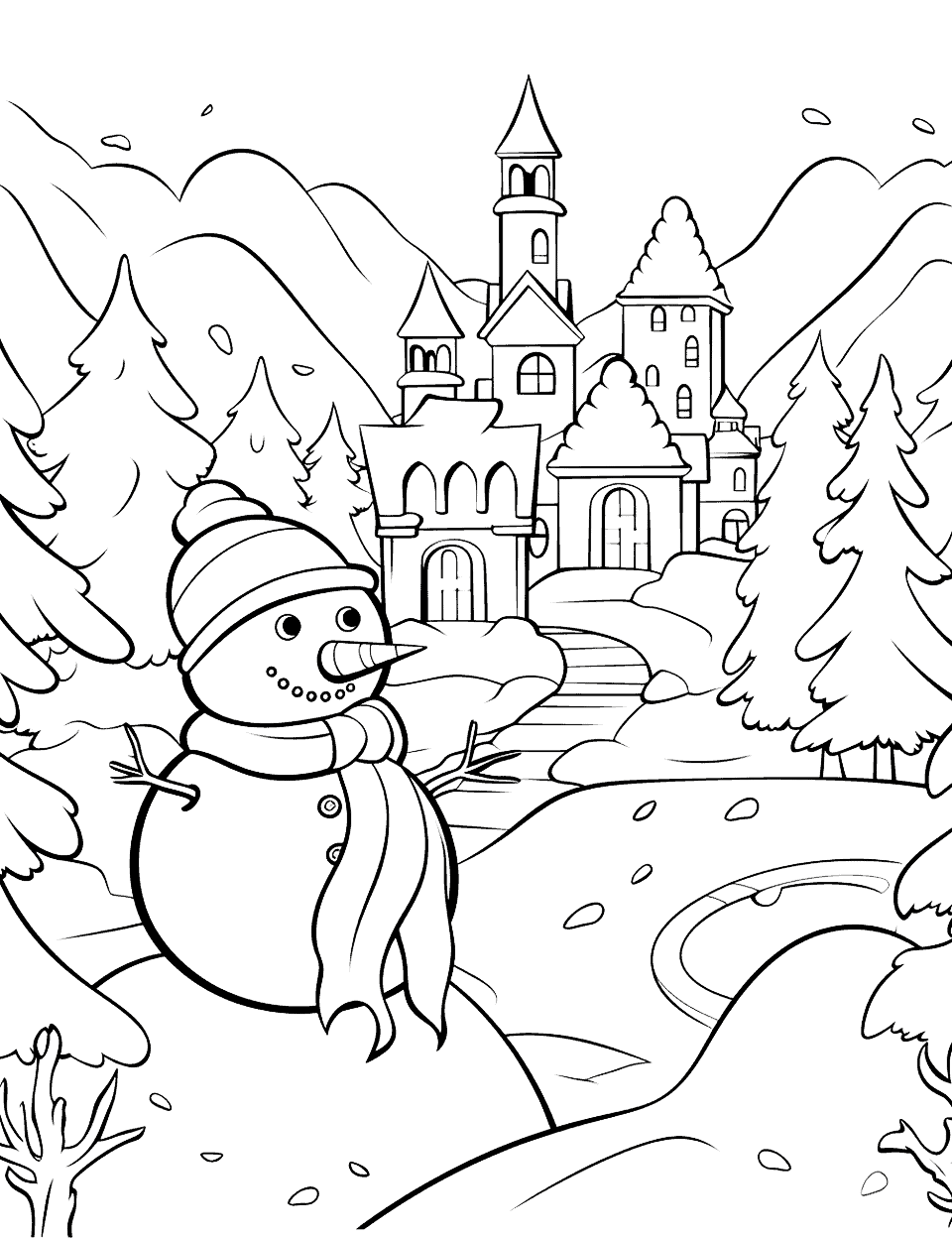 Frozen's Snowy Kingdom Winter Coloring Page - A scene from Frozen showing the snowy kingdom of Arendelle.