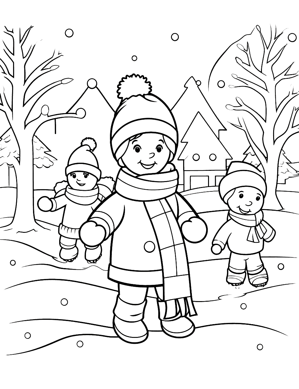 Crayola Winter Fun Coloring Page - A winter scene filled with kids playing in the snow, ready to be brought to life with color.
