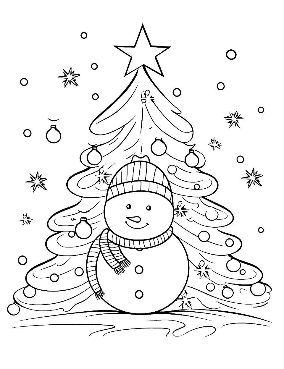 Large Christmas Tree Winter Coloring Page - A big, detailed Christmas tree with decorations waiting to be colored in.