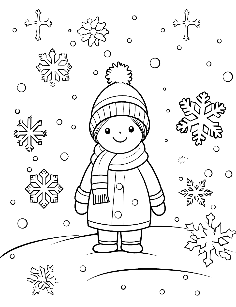 Preschool Snowfall Winter Coloring Page - Big, fluffy snowflakes falling, perfect for preschoolers.