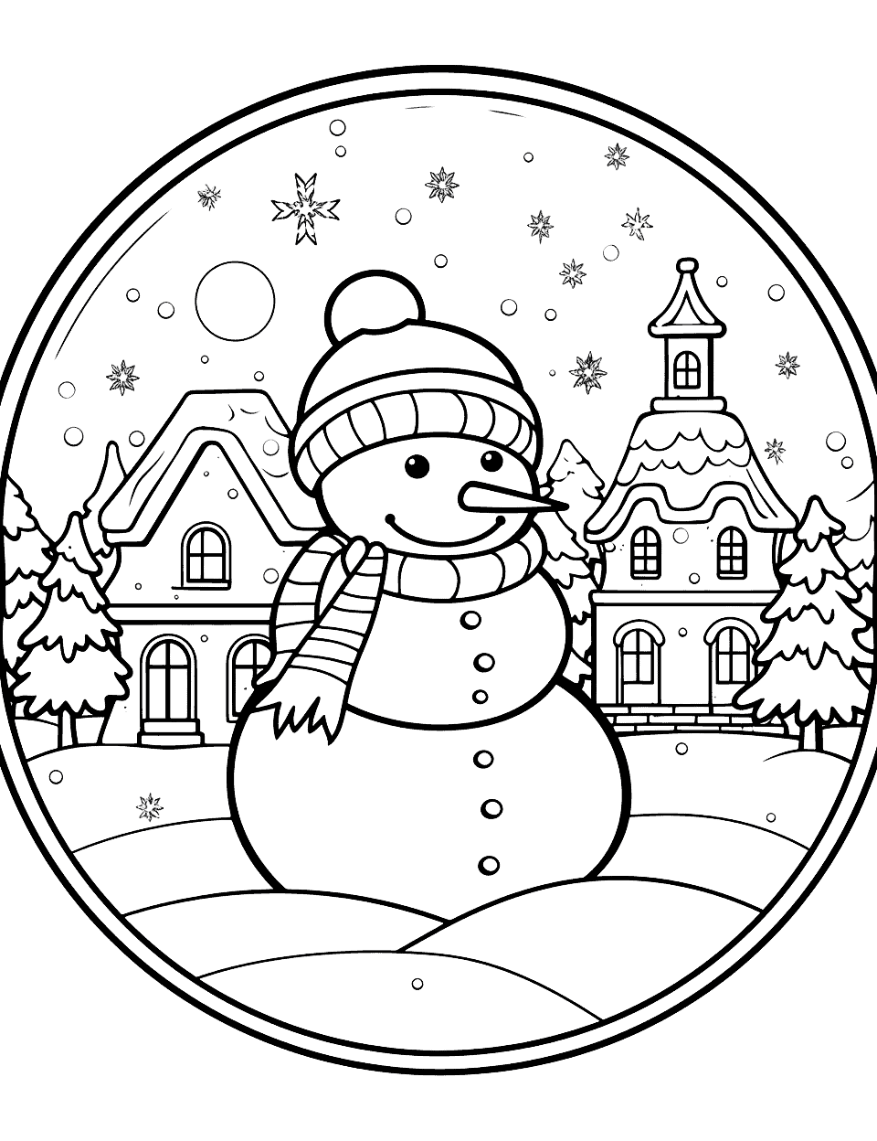 Snow Globe Magic Winter Coloring Page - A beautiful snow globe featuring a miniature snowy village.