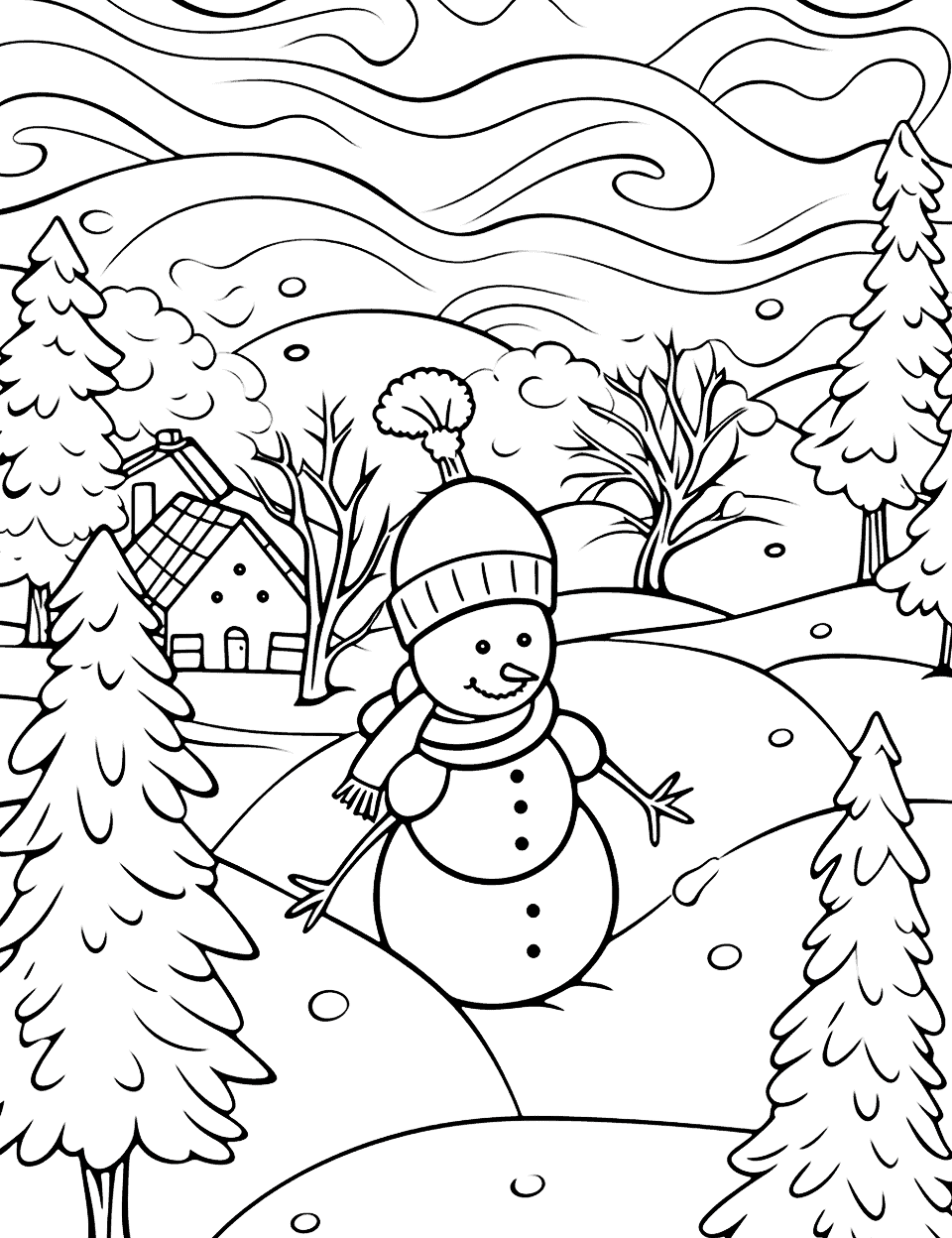 Winter Blizzard Coloring Page - A snowman standing in the middle of a snowstorm.