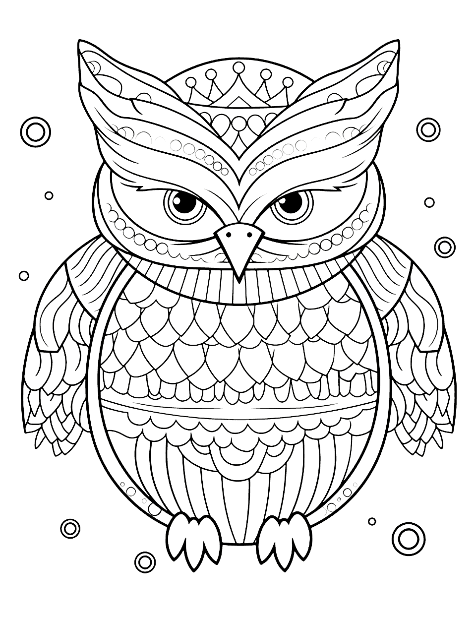 Zentangle Snowy Owl Winter Coloring Page - A complex, pattern-filled snowy owl for a relaxing coloring session.