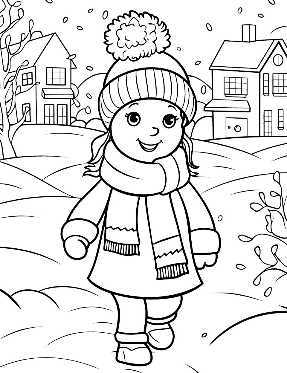 First Grade Frosty Morning Winter Coloring Page - A picture featuring the typical morning activities for a first grader on a frosty winter morning.