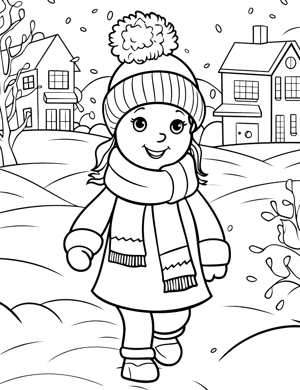 First Grade Frosty Morning Coloring Page - A picture featuring the typical morning activities for a first grader on a frosty winter morning.