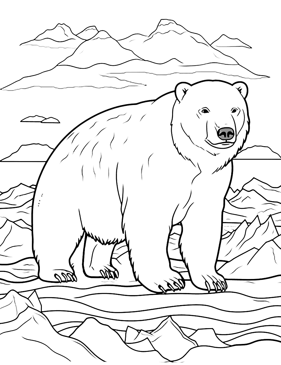 Polar Bear's Iceberg Coloring Page - A detailed image of a polar bear lounging on an iceberg, surrounded by snowy mountains.