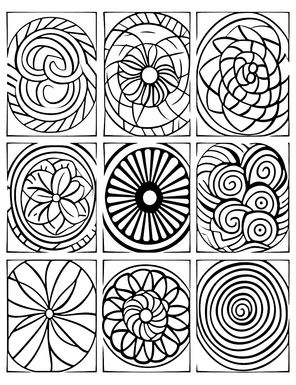 Abstract Patterns Adult Coloring Page - Abstract patterns featuring geometric shapes and spirals.