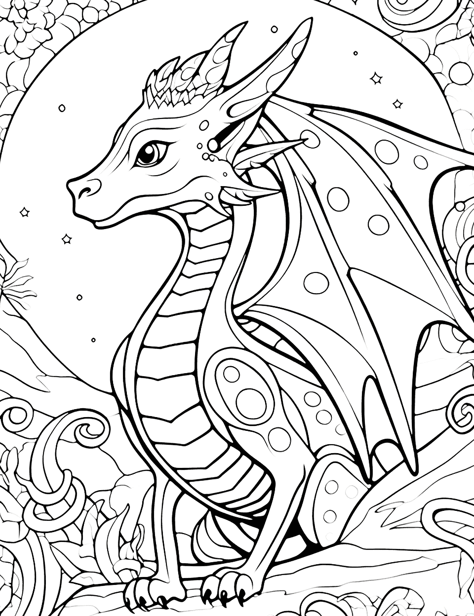 Majestic Dragon's Lair Adult Coloring Page - A detailed scene of a dragon in its lair with a galaxy twist.