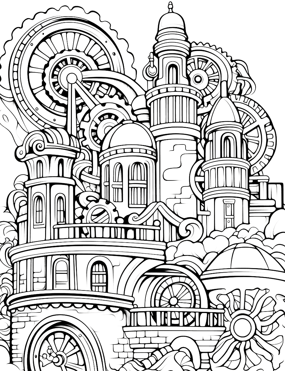 Steampunk Cityscape Adult Coloring Page - An intricate, detailed cityscape in the steampunk style, complete with gears, pipes, and steam-powered machinery.