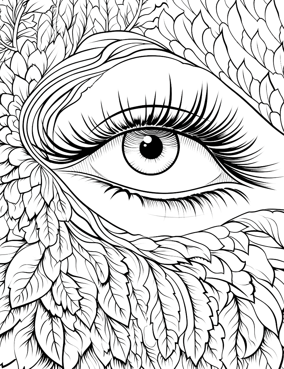The Eye of Forest Adult Coloring Page - A mystical eye opens amidst an enchanted forest.