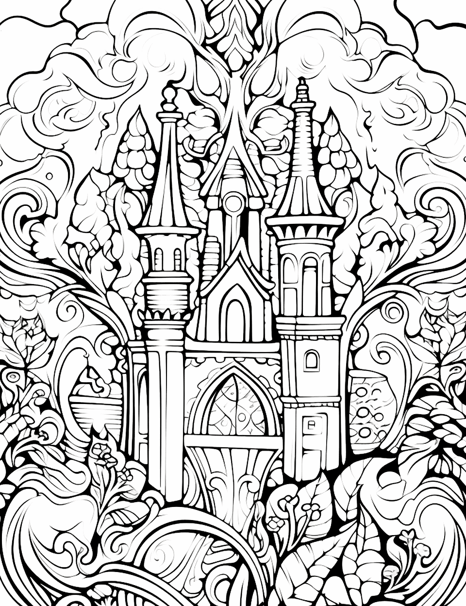 Fairy Tale Christmas Adult Coloring Page - A detailed, intricate Christmas scene from a fairy tale.
